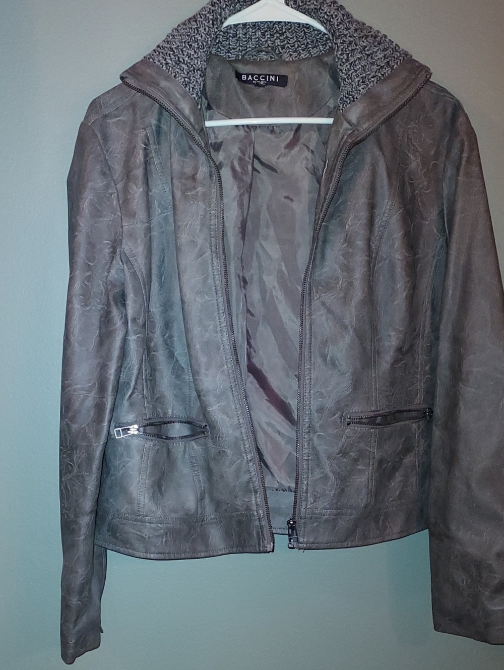Baccini Gray Faux Leather Zip-Up Jacket with Knit Collar NWOT